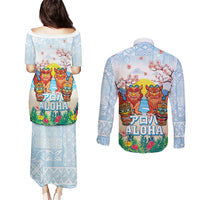 Hawaii And Japan Okinawa Couples Matching Puletasi and Long Sleeve Button Shirt Aloha Gozaimasu Tiki With Shisa LT05 - Polynesian Pride
