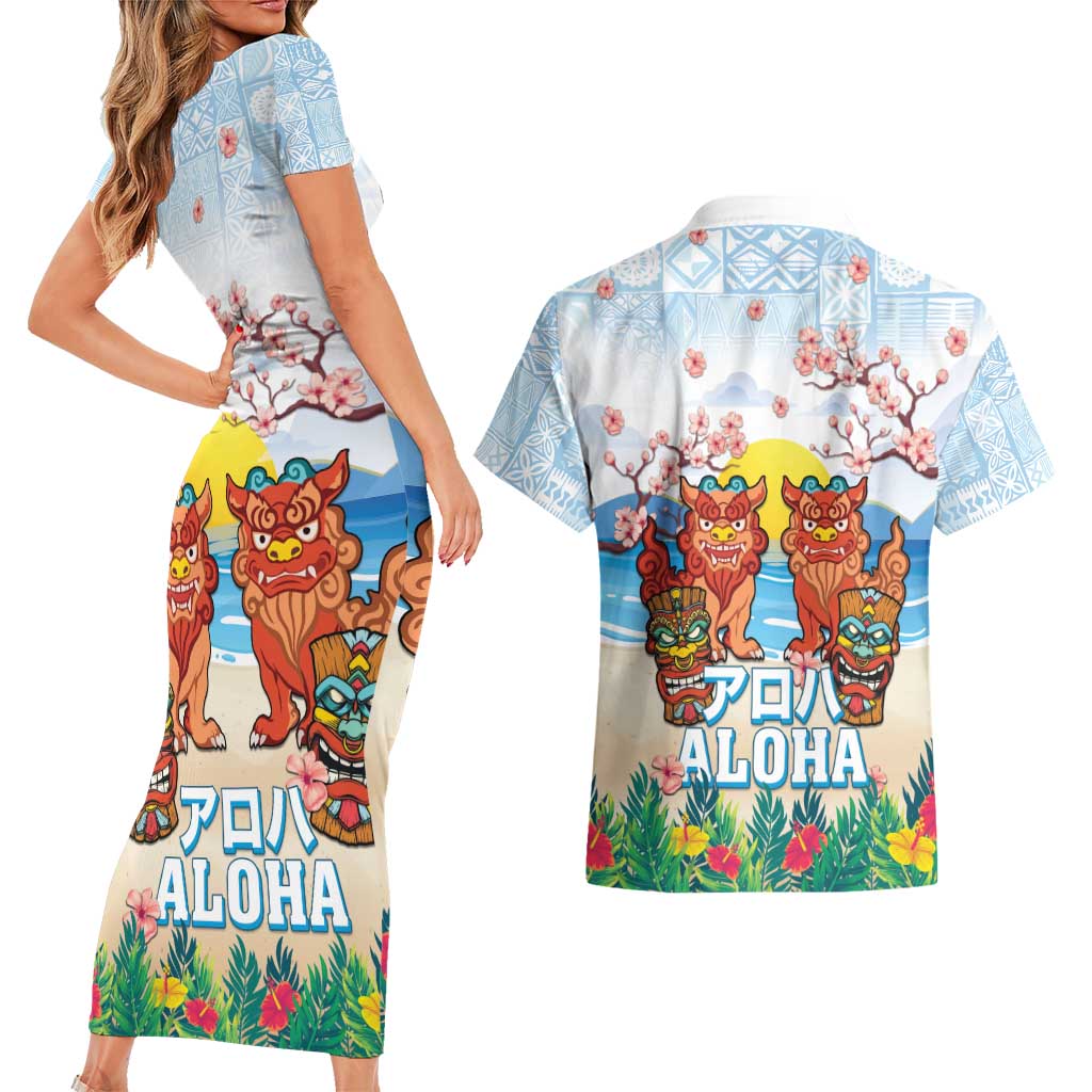Hawaii And Japan Okinawa Couples Matching Short Sleeve Bodycon Dress and Hawaiian Shirt Aloha Gozaimasu Tiki With Shisa LT05 - Polynesian Pride