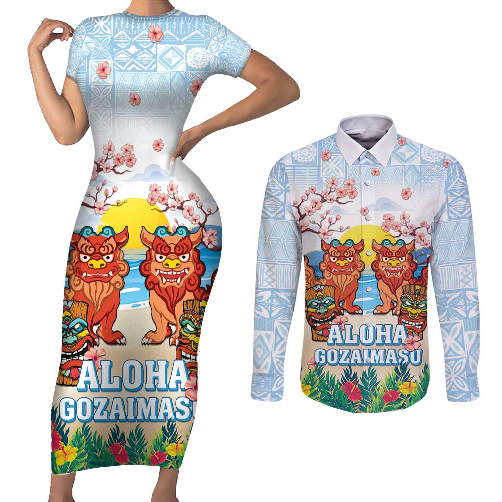 Hawaii And Japan Okinawa Couples Matching Short Sleeve Bodycon Dress and Long Sleeve Button Shirt Aloha Gozaimasu Tiki With Shisa