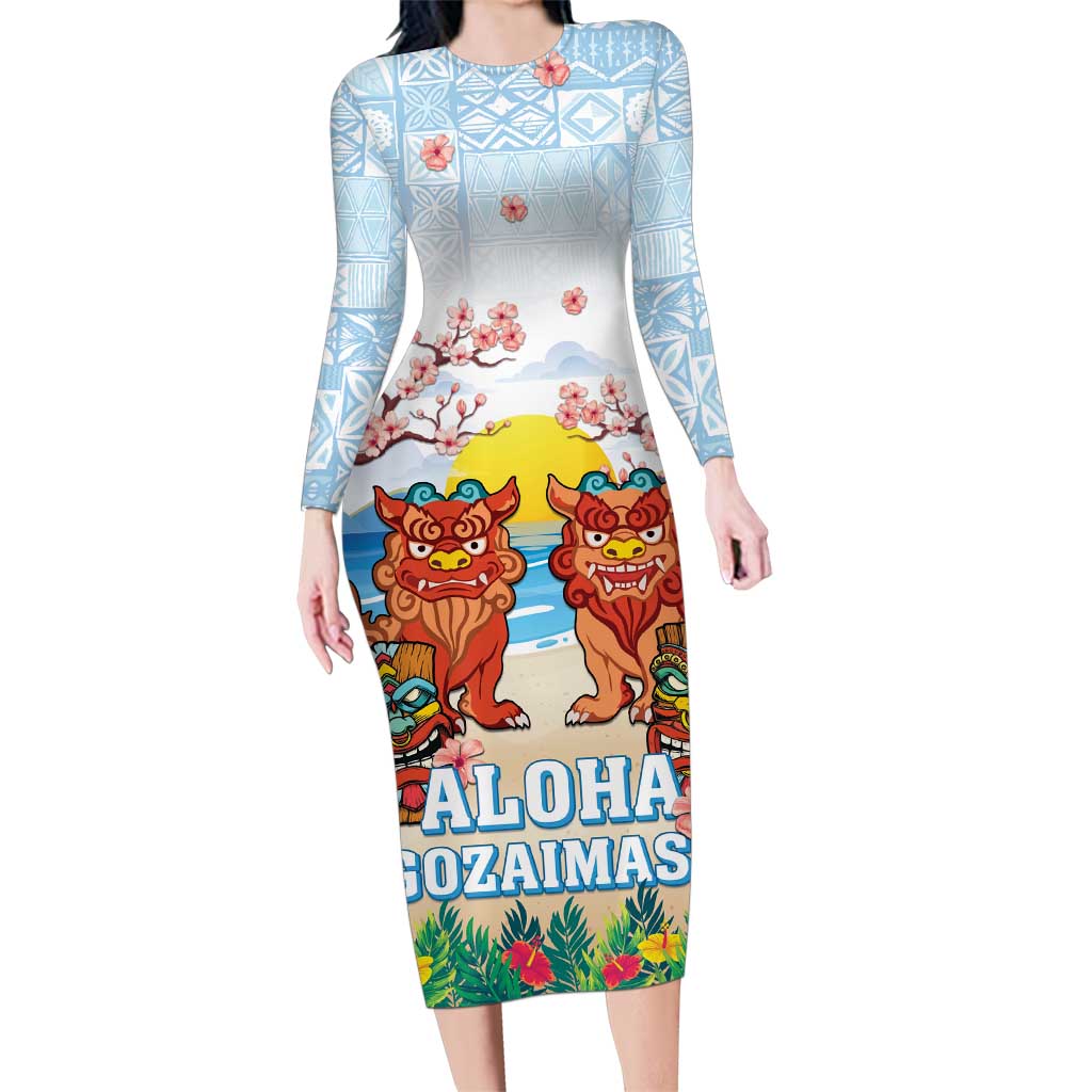 Hawaii And Japan Okinawa Family Matching Long Sleeve Bodycon Dress and Hawaiian Shirt Aloha Gozaimasu Tiki With Shisa