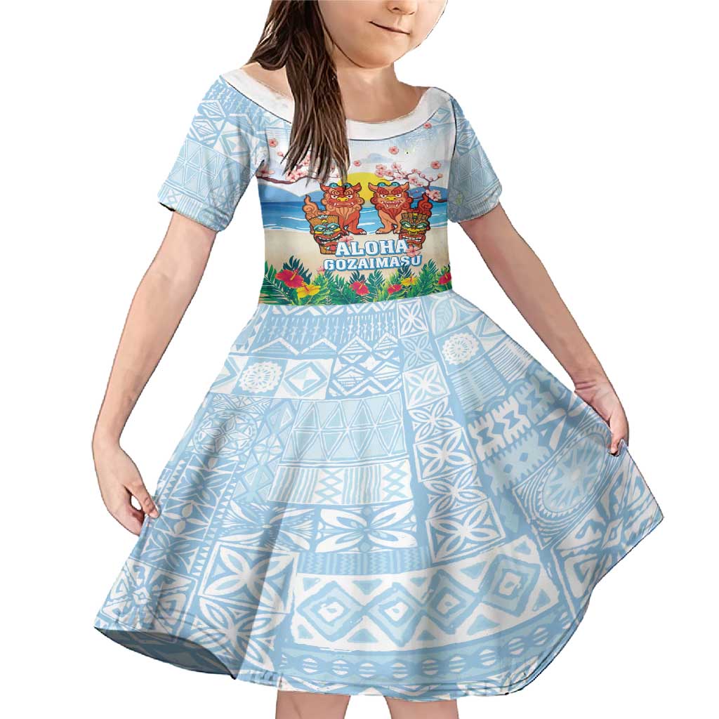 Hawaii And Japan Okinawa Family Matching Mermaid Dress and Hawaiian Shirt Aloha Gozaimasu Tiki With Shisa LT05 Daughter's Dress Blue - Polynesian Pride