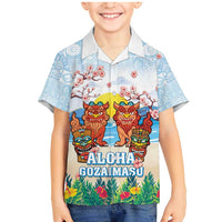 Hawaii And Japan Okinawa Family Matching Mermaid Dress and Hawaiian Shirt Aloha Gozaimasu Tiki With Shisa LT05 Son's Shirt Blue - Polynesian Pride