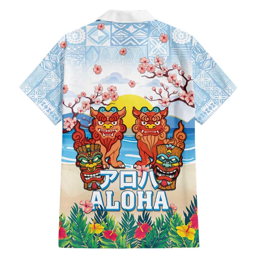 Hawaii And Japan Okinawa Family Matching Off Shoulder Maxi Dress and Hawaiian Shirt Aloha Gozaimasu Tiki With Shisa LT05 - Polynesian Pride