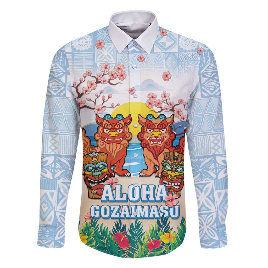 Hawaii And Japan Okinawa Family Matching Off Shoulder Maxi Dress and Hawaiian Shirt Aloha Gozaimasu Tiki With Shisa LT05 Dad's Shirt - Long Sleeve Blue - Polynesian Pride