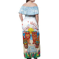 Hawaii And Japan Okinawa Family Matching Off Shoulder Maxi Dress and Hawaiian Shirt Aloha Gozaimasu Tiki With Shisa LT05 - Polynesian Pride
