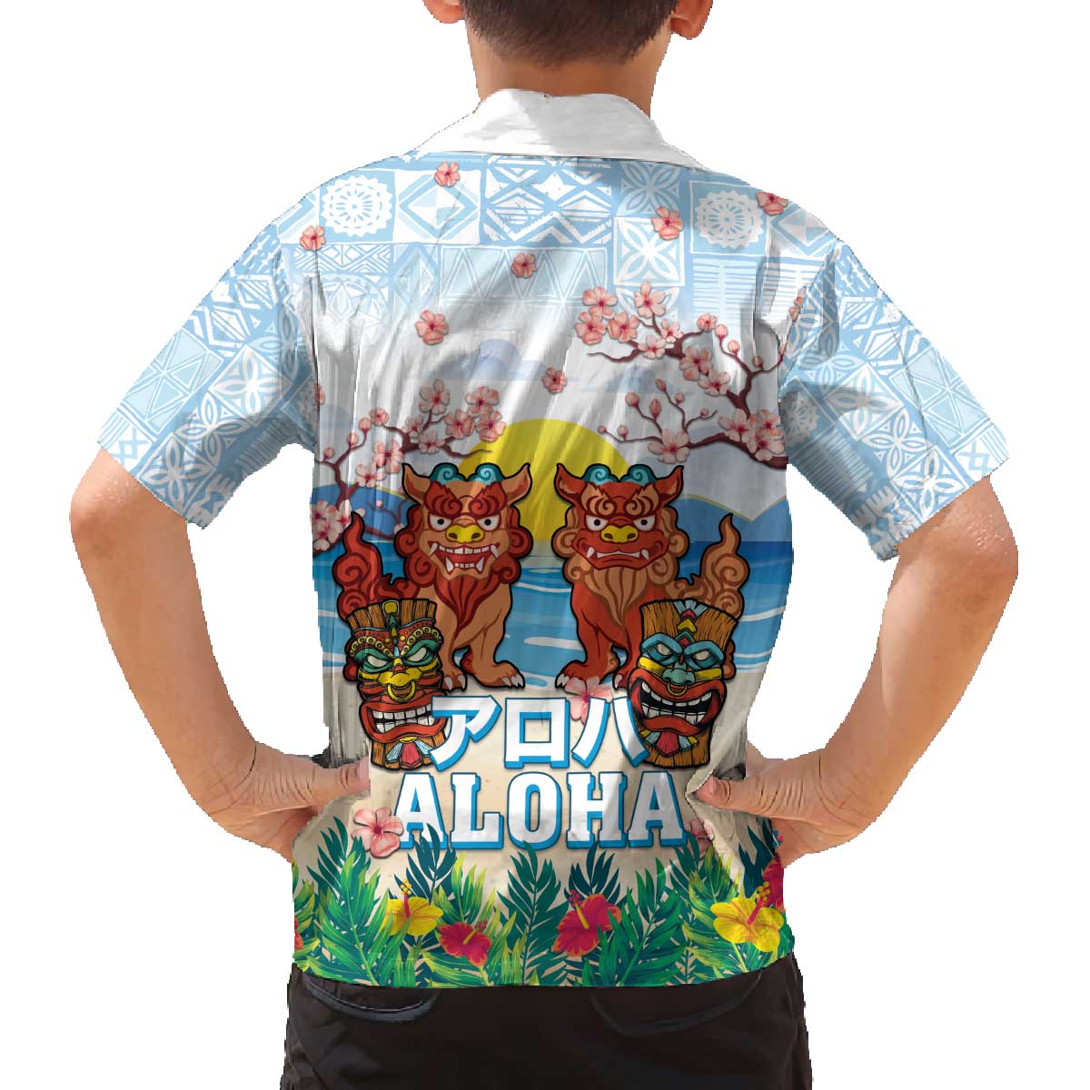 Hawaii And Japan Okinawa Family Matching Puletasi and Hawaiian Shirt Aloha Gozaimasu Tiki With Shisa LT05 - Polynesian Pride