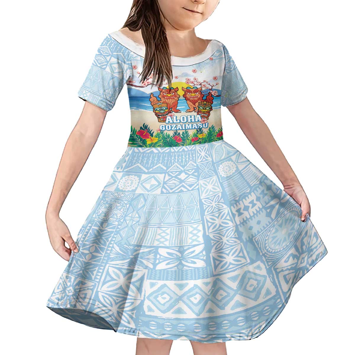 Hawaii And Japan Okinawa Family Matching Puletasi and Hawaiian Shirt Aloha Gozaimasu Tiki With Shisa LT05 Daughter's Dress Blue - Polynesian Pride