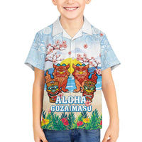 Hawaii And Japan Okinawa Family Matching Puletasi and Hawaiian Shirt Aloha Gozaimasu Tiki With Shisa LT05 Son's Shirt Blue - Polynesian Pride