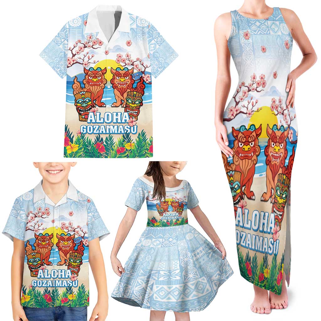 Hawaii And Japan Okinawa Family Matching Tank Maxi Dress and Hawaiian Shirt Aloha Gozaimasu Tiki With Shisa