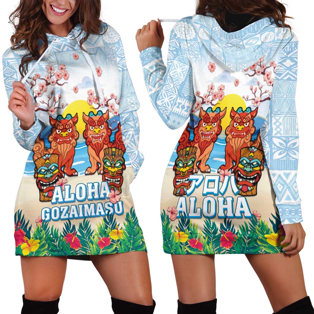 Hawaii And Japan Okinawa Hoodie Dress Aloha Gozaimasu Tiki With Shisa LT05 - Polynesian Pride