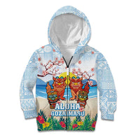 Hawaii And Japan Okinawa Kid Hoodie Aloha Gozaimasu Tiki With Shisa LT05 Zip Hoodie Blue - Polynesian Pride