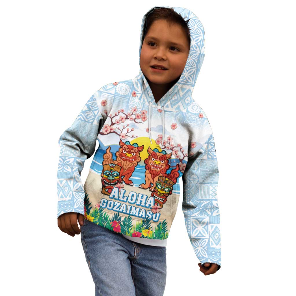 Hawaii And Japan Okinawa Kid Hoodie Aloha Gozaimasu Tiki With Shisa LT05 - Polynesian Pride