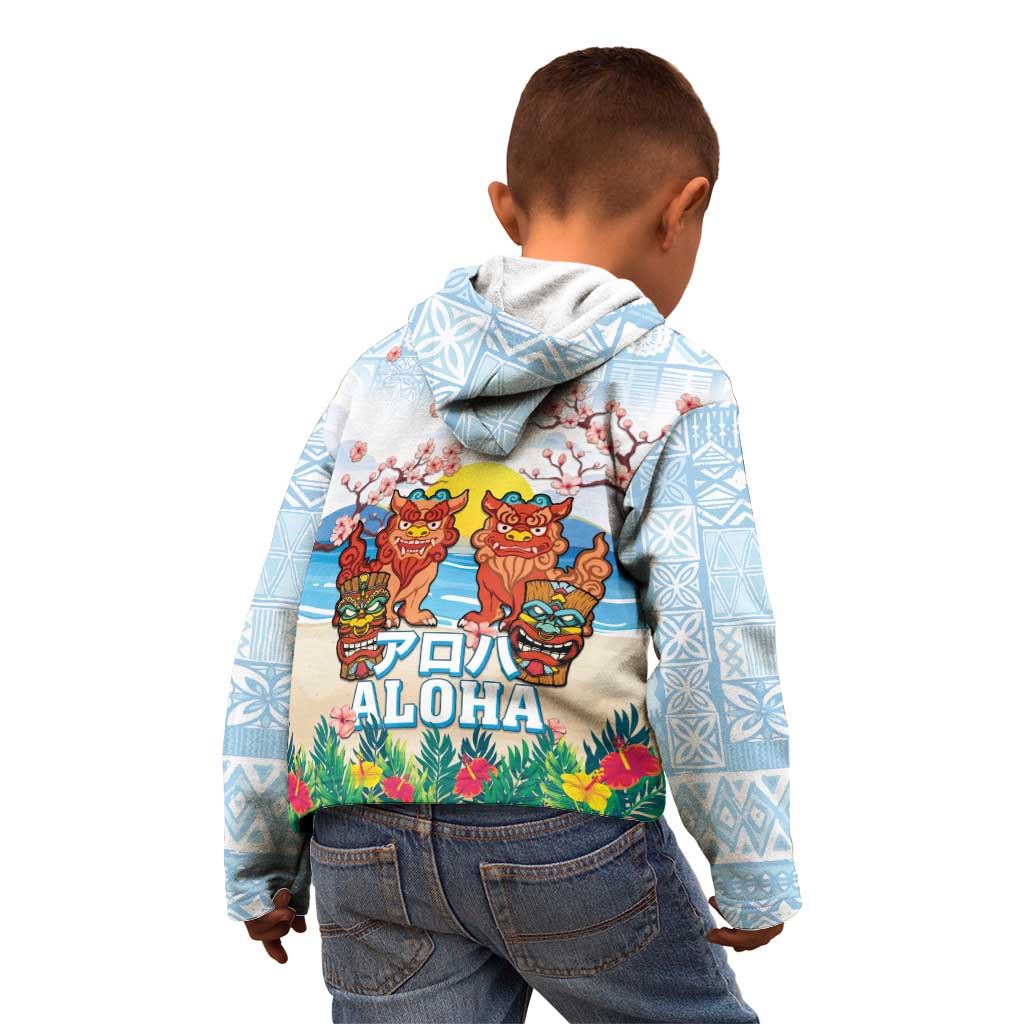 Hawaii And Japan Okinawa Kid Hoodie Aloha Gozaimasu Tiki With Shisa LT05 - Polynesian Pride