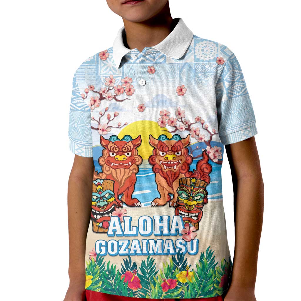 Hawaii And Japan Okinawa Kid Polo Shirt Aloha Gozaimasu Tiki With Shisa LT05 Kid Blue - Polynesian Pride