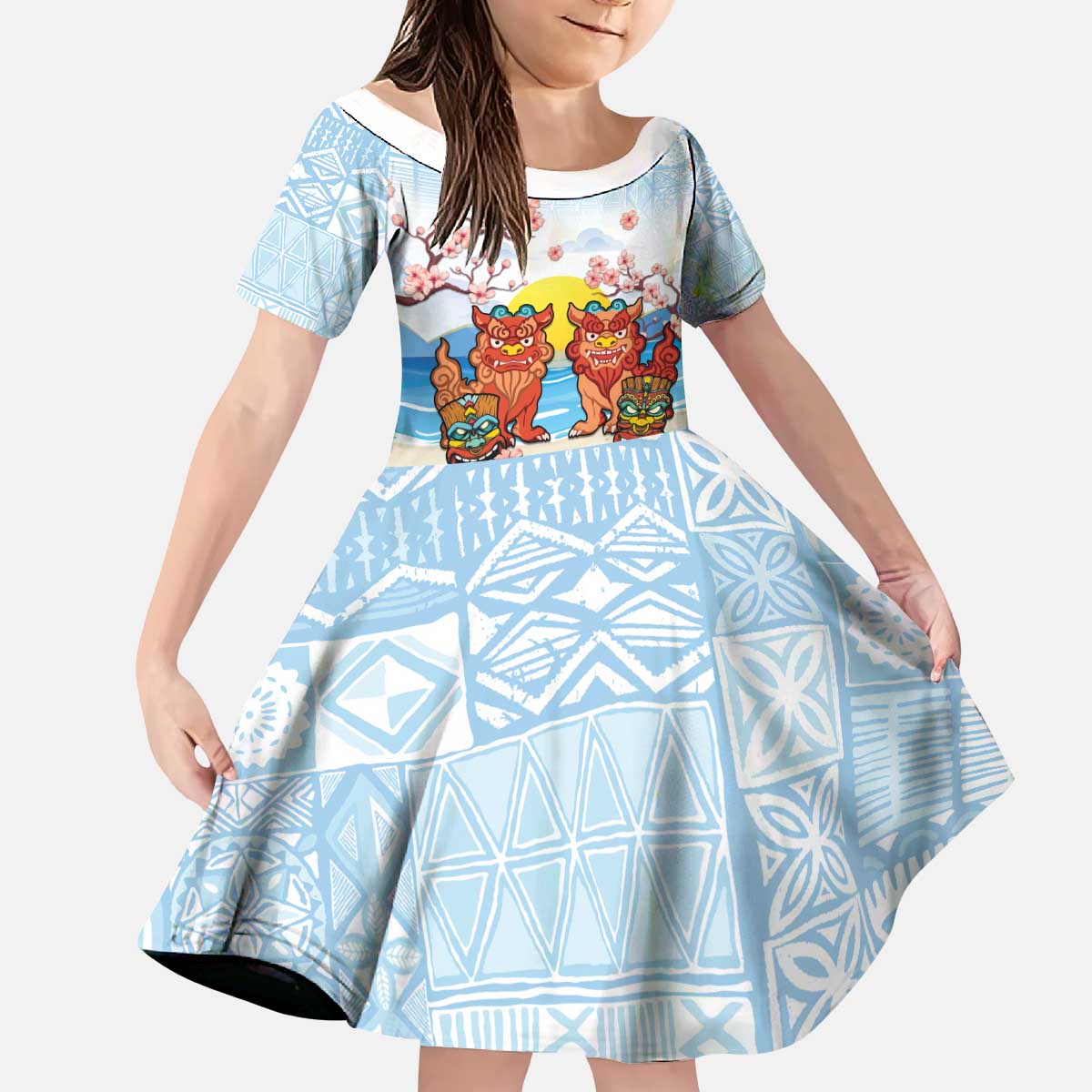 Hawaii And Japan Okinawa Kid Short Sleeve Dress Aloha Gozaimasu Tiki With Shisa LT05 KID Blue - Polynesian Pride