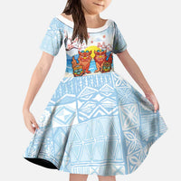 Hawaii And Japan Okinawa Kid Short Sleeve Dress Aloha Gozaimasu Tiki With Shisa LT05 KID Blue - Polynesian Pride
