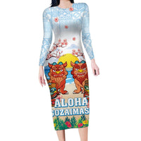 Hawaii And Japan Okinawa Long Sleeve Bodycon Dress Aloha Gozaimasu Tiki With Shisa LT05 Long Dress Blue - Polynesian Pride