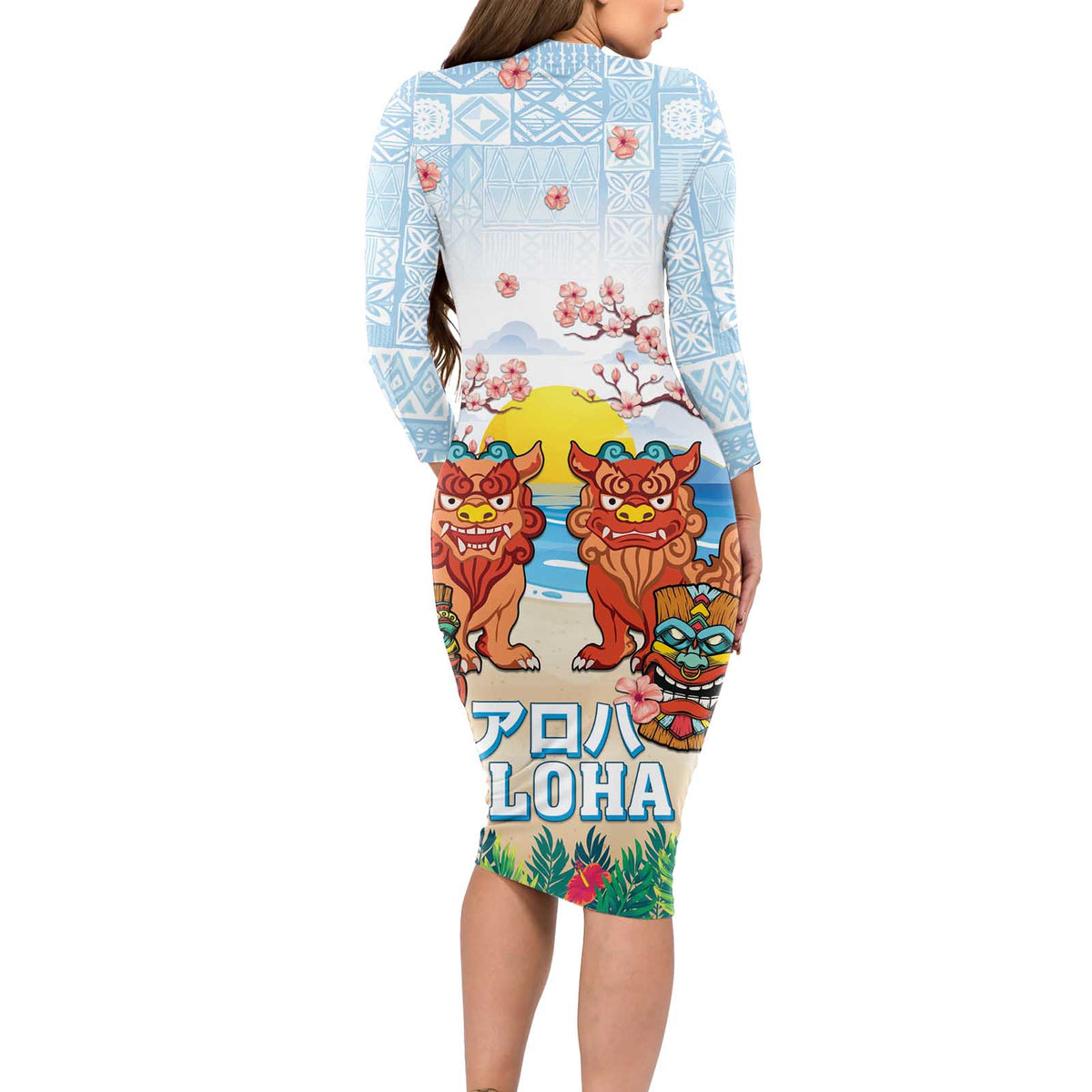 Hawaii And Japan Okinawa Long Sleeve Bodycon Dress Aloha Gozaimasu Tiki With Shisa LT05 - Polynesian Pride