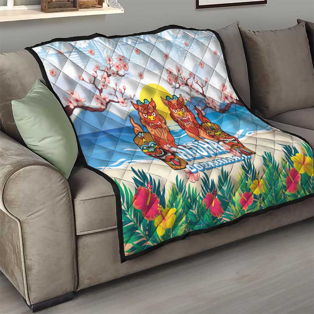 Hawaii And Japan Okinawa Quilt Aloha Gozaimasu Tiki With Shisa