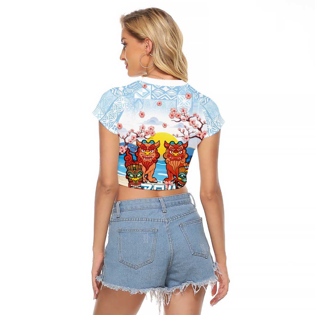 Hawaii And Japan Okinawa Raglan Cropped T Shirt Aloha Gozaimasu Tiki With Shisa LT05 - Polynesian Pride