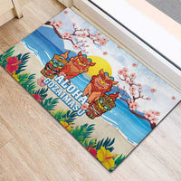 Hawaii And Japan Okinawa Rubber Doormat Aloha Gozaimasu Tiki With Shisa