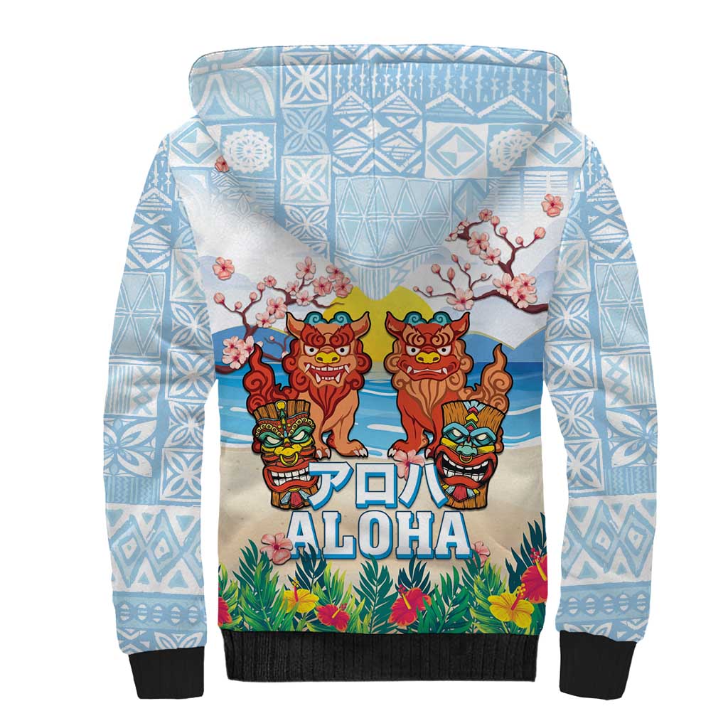 Hawaii And Japan Okinawa Sherpa Hoodie Aloha Gozaimasu Tiki With Shisa LT05 - Polynesian Pride