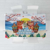 Hawaii And Japan Okinawa Tablecloth Aloha Gozaimasu Tiki With Shisa LT05 Blue - Polynesian Pride