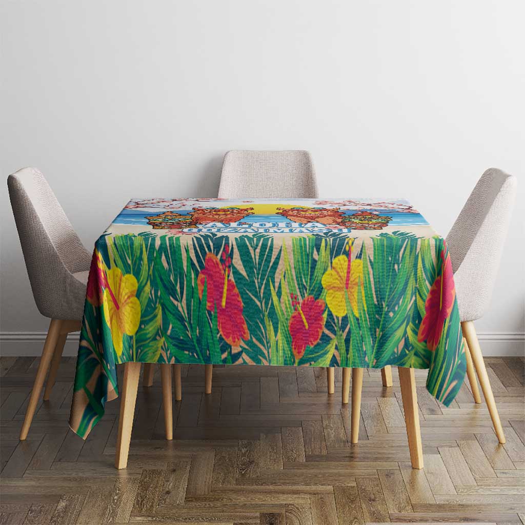 Hawaii And Japan Okinawa Tablecloth Aloha Gozaimasu Tiki With Shisa LT05 - Polynesian Pride