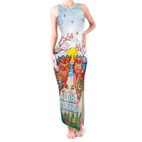 Hawaii And Japan Okinawa Tank Maxi Dress Aloha Gozaimasu Tiki With Shisa LT05 Women Blue - Polynesian Pride