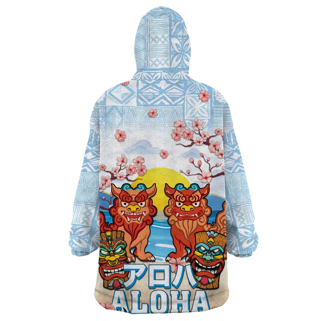 Hawaii And Japan Okinawa Wearable Blanket Hoodie Aloha Gozaimasu Tiki With Shisa LT05 - Polynesian Pride