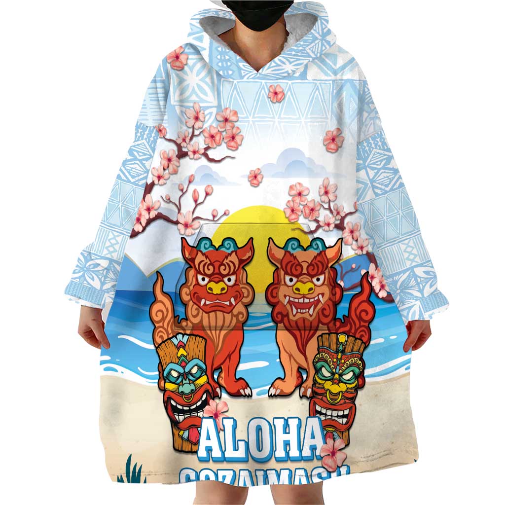 Hawaii And Japan Okinawa Wearable Blanket Hoodie Aloha Gozaimasu Tiki With Shisa LT05 - Polynesian Pride