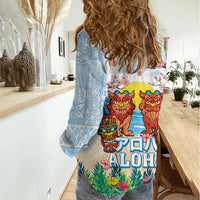 Hawaii And Japan Okinawa Women Casual Shirt Aloha Gozaimasu Tiki With Shisa LT05 - Polynesian Pride