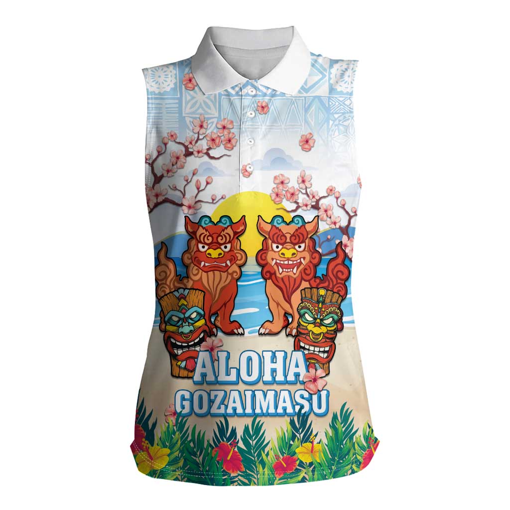 Hawaii And Japan Okinawa Women Sleeveless Polo Shirt Aloha Gozaimasu Tiki With Shisa LT05 Female Blue - Polynesian Pride