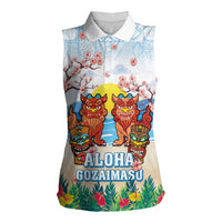 Hawaii And Japan Okinawa Women Sleeveless Polo Shirt Aloha Gozaimasu Tiki With Shisa LT05 Female Blue - Polynesian Pride
