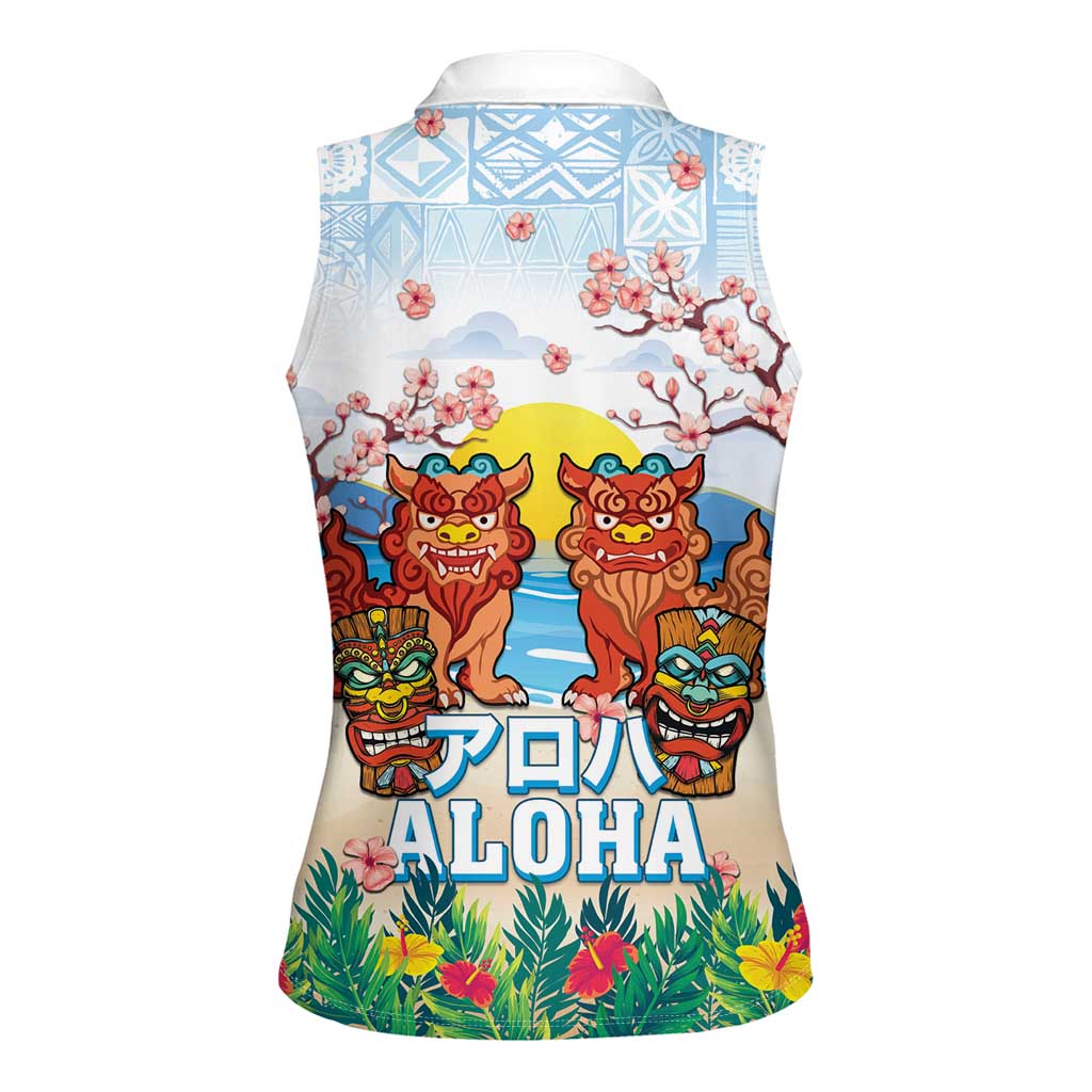 Hawaii And Japan Okinawa Women Sleeveless Polo Shirt Aloha Gozaimasu Tiki With Shisa LT05 - Polynesian Pride