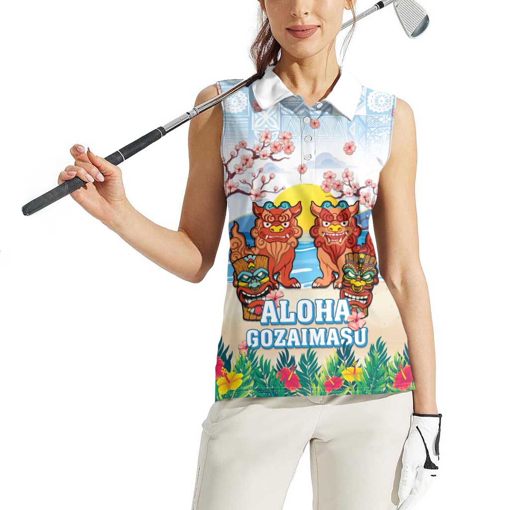Hawaii And Japan Okinawa Women Sleeveless Polo Shirt Aloha Gozaimasu Tiki With Shisa LT05 - Polynesian Pride