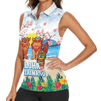 Hawaii And Japan Okinawa Women Sleeveless Polo Shirt Aloha Gozaimasu Tiki With Shisa LT05 - Polynesian Pride