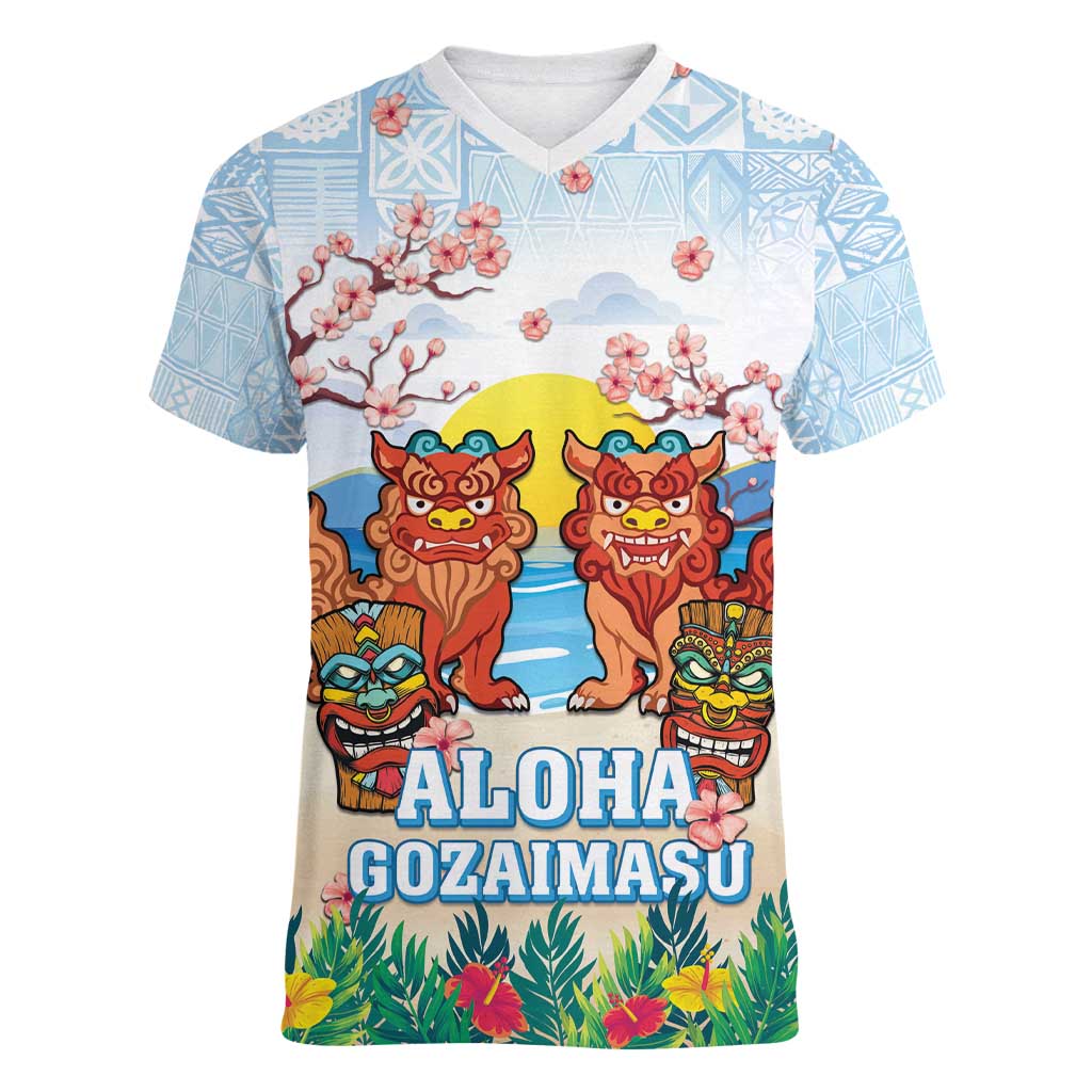 Hawaii And Japan Okinawa Women V-Neck T-Shirt Aloha Gozaimasu Tiki With Shisa LT05 Female Blue - Polynesian Pride