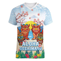 Hawaii And Japan Okinawa Women V-Neck T-Shirt Aloha Gozaimasu Tiki With Shisa LT05 Female Blue - Polynesian Pride