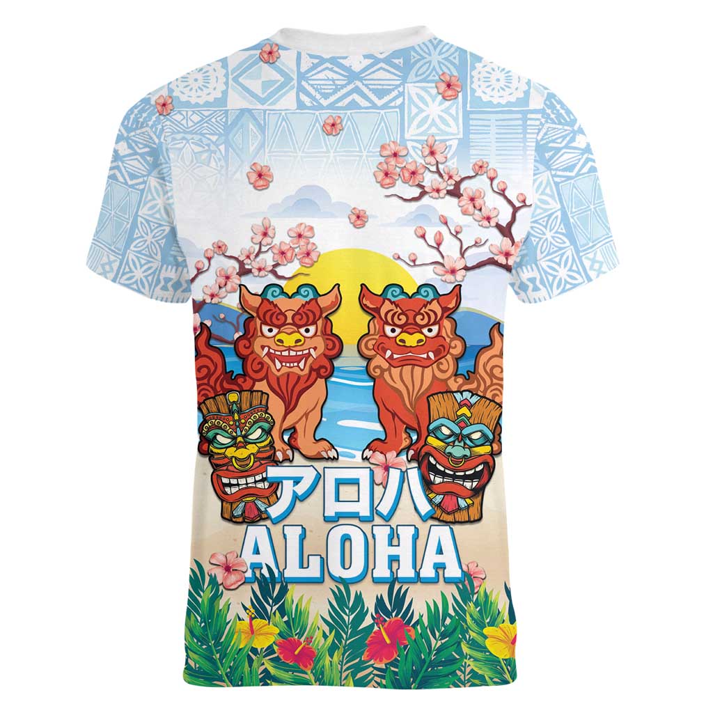 Hawaii And Japan Okinawa Women V-Neck T-Shirt Aloha Gozaimasu Tiki With Shisa LT05 - Polynesian Pride