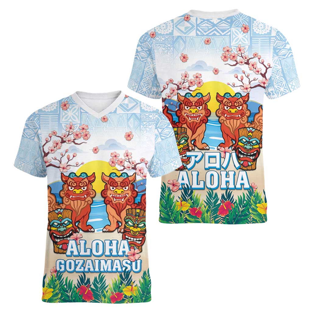 Hawaii And Japan Okinawa Women V-Neck T-Shirt Aloha Gozaimasu Tiki With Shisa LT05 - Polynesian Pride