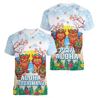 Hawaii And Japan Okinawa Women V-Neck T-Shirt Aloha Gozaimasu Tiki With Shisa LT05 - Polynesian Pride