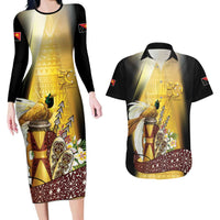 Papua New Guinea Couples Matching Long Sleeve Bodycon Dress and Hawaiian Shirt 50 Years Of Independence LT05 Gold - Polynesian Pride