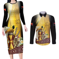 Papua New Guinea Couples Matching Long Sleeve Bodycon Dress and Long Sleeve Button Shirt 50 Years Of Independence LT05 Gold - Polynesian Pride