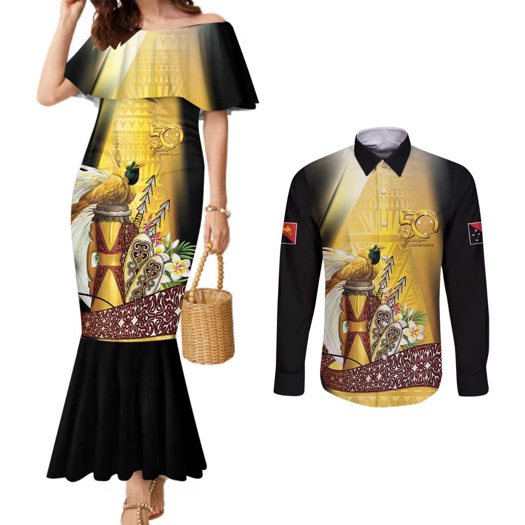 Papua New Guinea Couples Matching Mermaid Dress and Long Sleeve Button Shirt 50 Years Of Independence LT05 Gold - Polynesian Pride