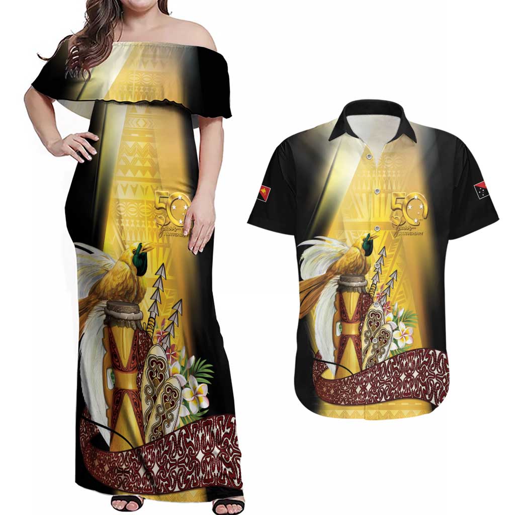 Papua New Guinea Couples Matching Off Shoulder Maxi Dress and Hawaiian Shirt 50 Years Of Independence LT05 Gold - Polynesian Pride