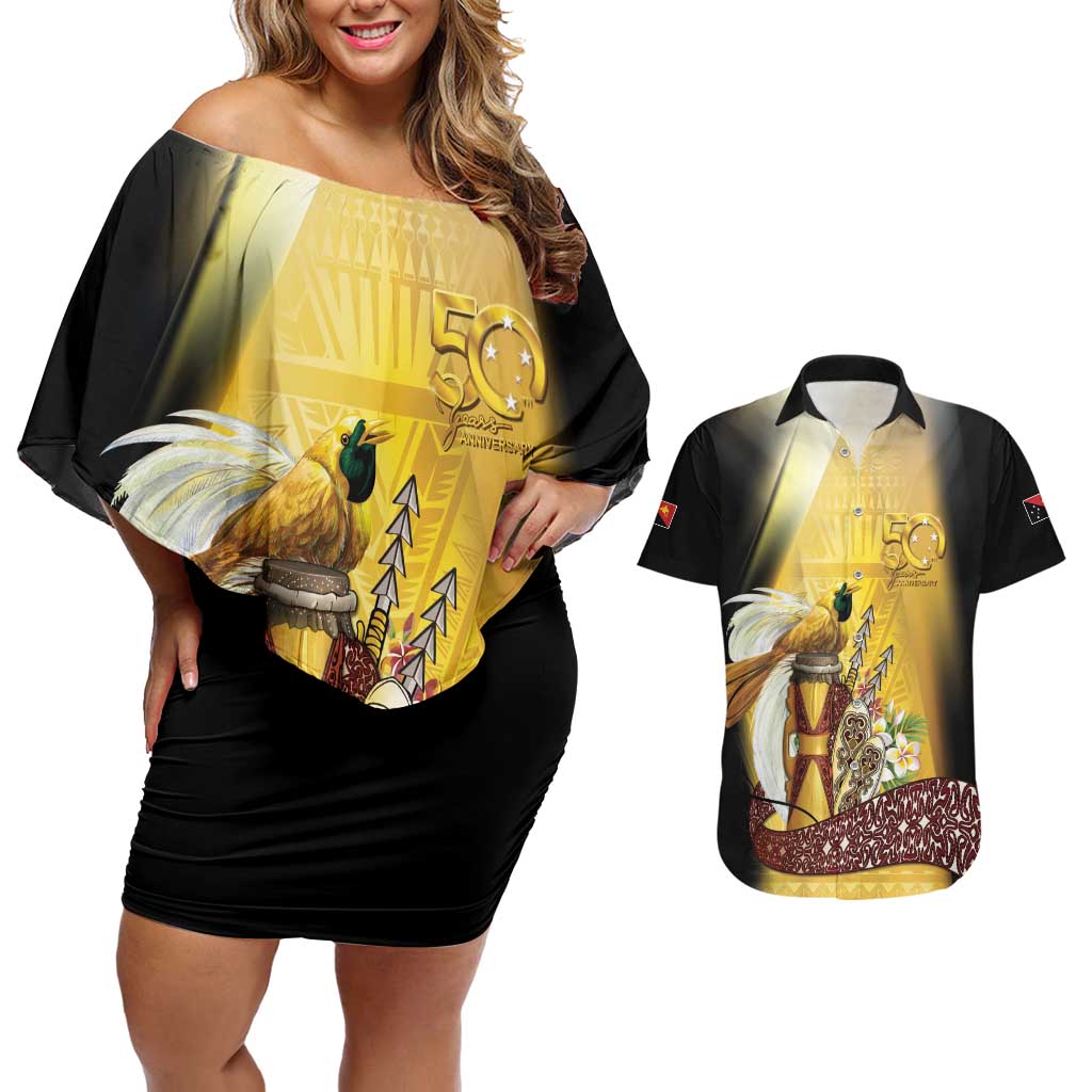 Papua New Guinea Couples Matching Off Shoulder Short Dress and Hawaiian Shirt 50 Years Of Independence LT05 Gold - Polynesian Pride