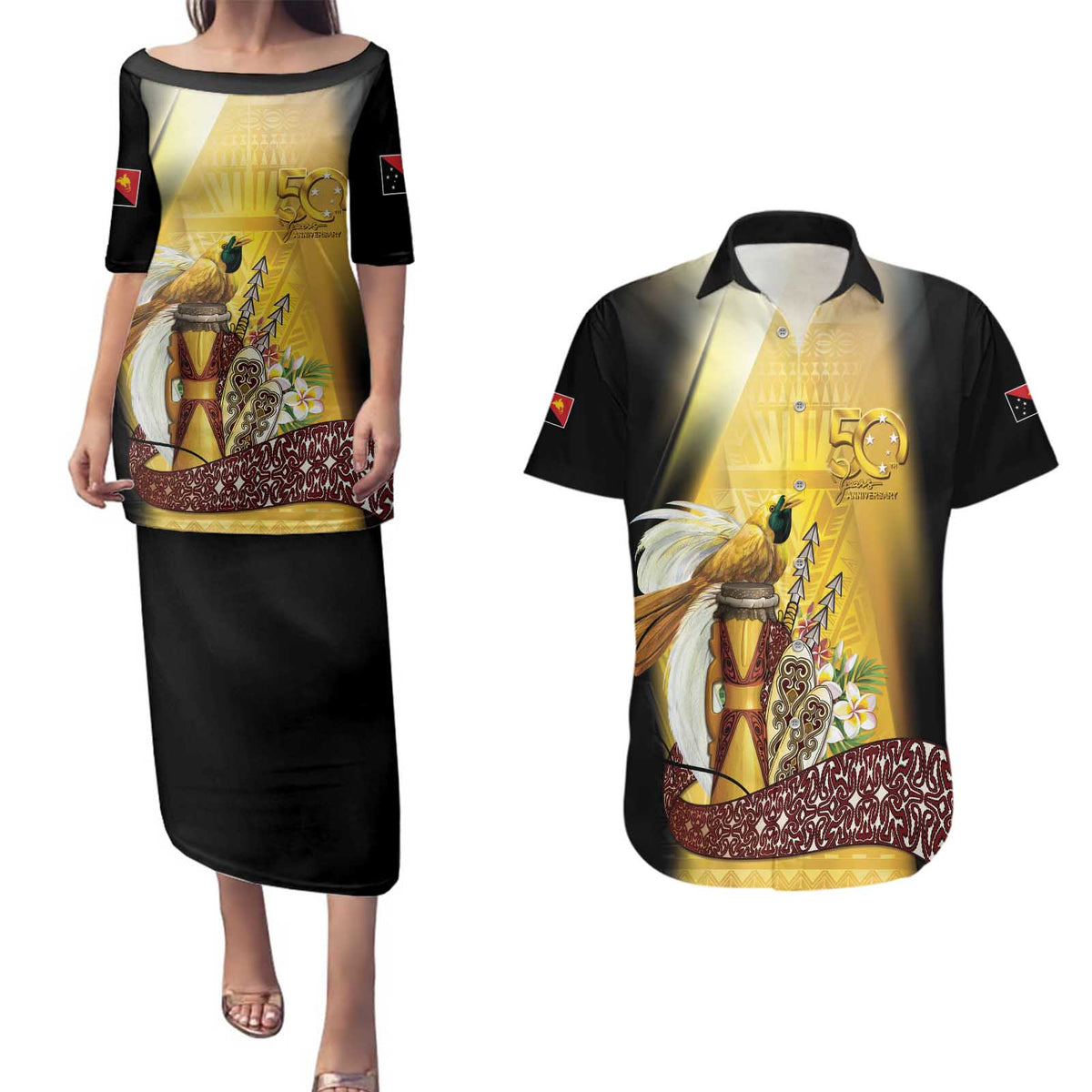 Papua New Guinea Couples Matching Puletasi and Hawaiian Shirt 50 Years Of Independence LT05 Gold - Polynesian Pride