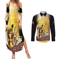 Papua New Guinea Couples Matching Summer Maxi Dress and Long Sleeve Button Shirt 50 Years Of Independence LT05 Gold - Polynesian Pride