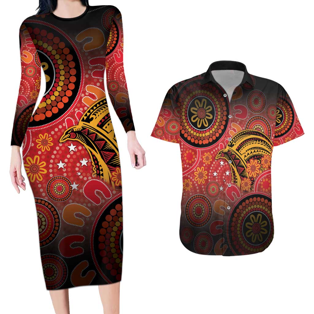 Papua New Guinea Couples Matching Long Sleeve Bodycon Dress and Hawaiian Shirt Birds Of Paradise With Aboriginal Pattern LT05 Red - Polynesian Pride